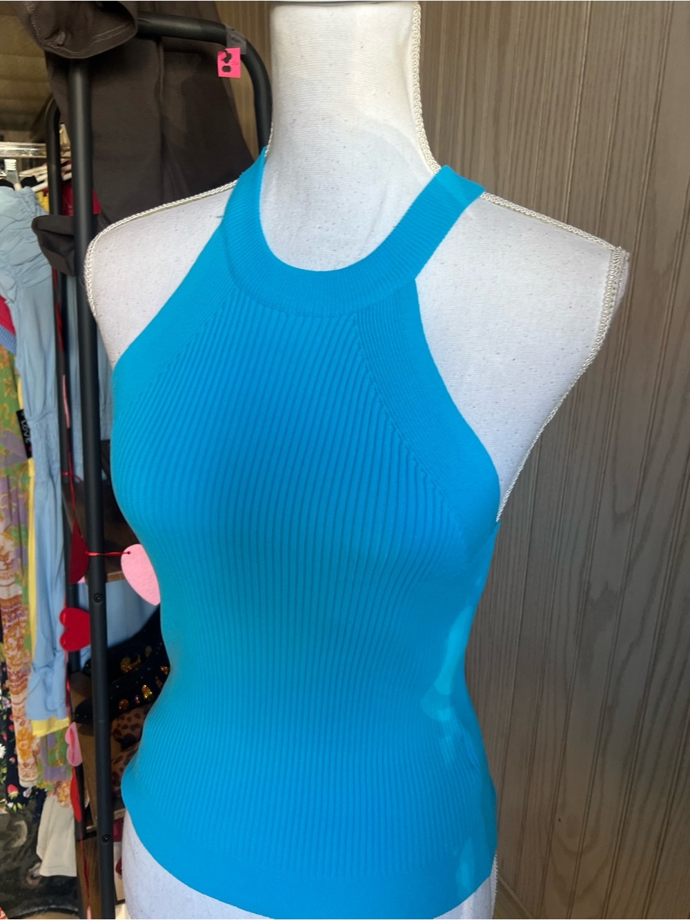 Sleeveless Ribbed Tank Top in Bright Turquoise - Picture 5 of 5